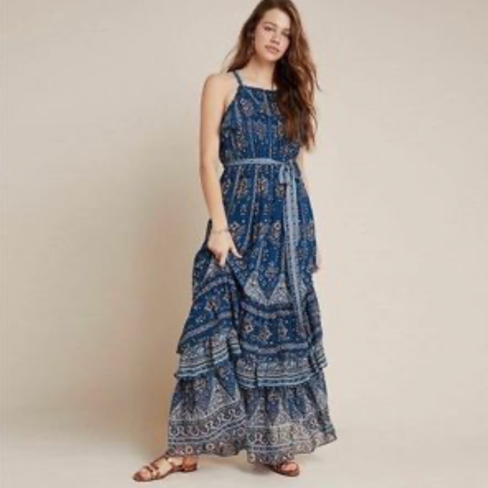 NEW Anthropologie Sasha Boho Tiered Maxi Dress Small S NWOT Geometric